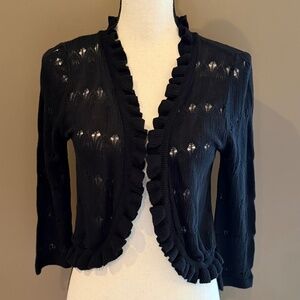 Notations Black Long Sleeve Ruffle Crocheted Open Front, Size Petite Medium